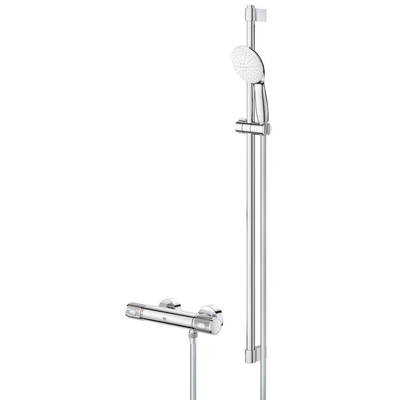 GROHE Grohtherm 1000 Performance Ensemble de douche - robinet de douche thermostatique - avec rosaces - avec barre de douchette - 90cm - douchette à main ronde - 2 jets - flexible de douche lisse - chrome