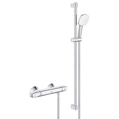 GROHE Grohtherm 1000 Ensemble de douche - mitigeur de douche thermostatique - avec barre de douche - 90cm - douchette à main carrée - 2 types de jets - flexible de douche lisse - chrome