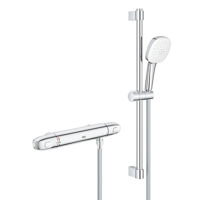 GROHE Grohtherm 1000 Ensemble de douche - robinet de douche thermostatique - HOH=15cm - avec ensemble de douche - 60cm - pomme de douche carrée - 2 types de jets - flexible de douche lisse - chrome