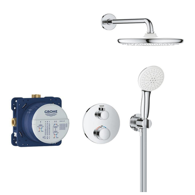 Grohe Grohtherm ensemble de douche pluie apparent – thermostatique – bras mural courbé – chrome