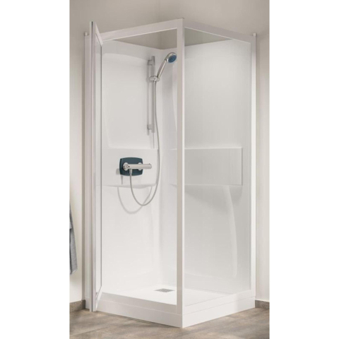 Kinedo Kineprime cabine de douche carrée avec receveur de douche 15cm et porte pivotante 80x80x208cm avec mitigeur de douche, douche à main et barre murale blanc/clair SW47096