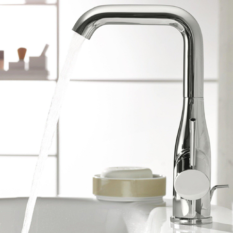 GROHE Essence New Robinet lavabo rehaussé L size avec bec haut et tournant avec tirette EcoJoy chrome 0442576