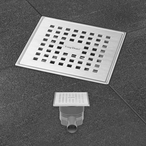 Easy Drain Aqua Plus Quattro siphon de sol avec partie de finition en inox avec grille en inox et sortie latérale 15x15cm profondeur d''encastrement 68 104mm garde d''eau 50 à 25mm 2302715