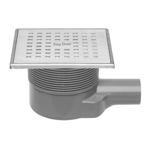 Easy Drain Aqua Plus Quattro siphon de sol avec partie de finition en inox avec grille en inox et sortie latérale 15x15cm profondeur d''encastrement 68 104mm garde d''eau 50 à 25mm 2302715