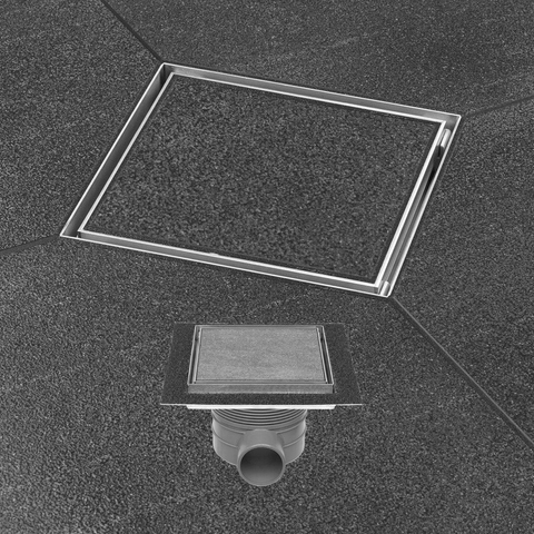 Easy drain Aqua Plus Quattro Drain de sol - 20x20cm - grille carrelable - sortie latérale - profondeur d'encastrement 8cm - inox brossé. 2302724
