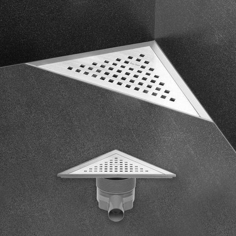 Easy Drain Aqua Delta siphon de sol triangulaire avec garniture ABS/pièce de finition ABS grille inox et sortie latérale 22x22cm garde d'eau 50 à 25mm 2302703