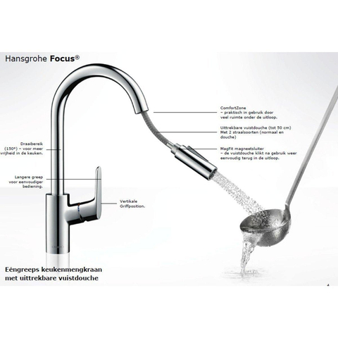 Hansgrohe Focus m41 Eengreeps keukenmengkraan - 240 met uittrekbare vuistdouche - 2 straalsoorten - hoogglans chroom GA69755