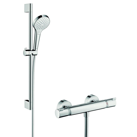 Hansgrohe Croma Select S Ensemble de douche avec barre curseur 65cm douchette à main et robinet thermostatique Ecostat blanc/chrome 0605334
