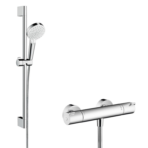 Hansgrohe Crometta Douchecombinatie: - met Ecostat - 1001 CL douchekraan - thermostatische - met glijstangset - 65cm - met Crome - thermostaat - wit chroom SW73235