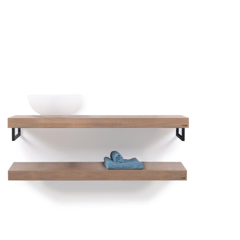 Looox Wood collection Duo étagères murales 120x46cm - 2 pièces - Avec porte-serviettes noir mat - chêne massif gris ancien SW73134