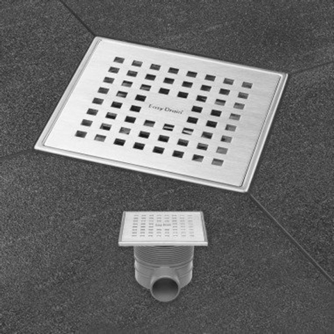 Easy Drain Aqua Plus Quattro siphon de sol avec finition en acier inoxydable avec grille en acier inoxydable et sortie latérale 15x15cm profondeur d’installation 73 106mm garde d’eau 50 à 25mm 2302712