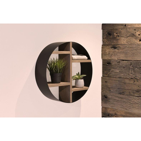 Looox Wood collection Wooden BoX opbouwnis rond zwart mat Ø50x14cm eiken old grey SW108695