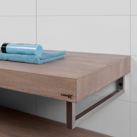 Looox Wood collection Solo plan sous vasque - 100x46cm - Avec porte-serviettes noir mat - Chêne massif Old grey SW108683