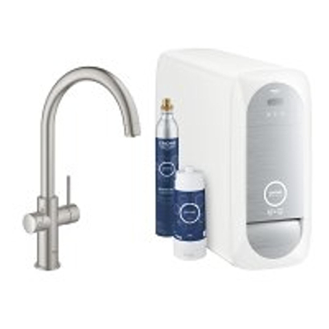 Grohe Blue Home Keukenkraan - C-uitloop - 1-gats - filterfunctie - plat licht en bruisend water - Supersteel (RVS) SW228368