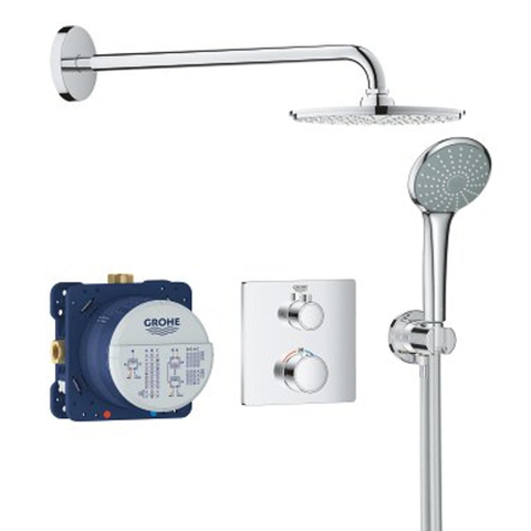 Grohe Grohtherm ensemble de douche pluie encastré – douche de tête Ø 21 cm – bras mural courbé – douchette ronde 2 jets – chrome SW236928
