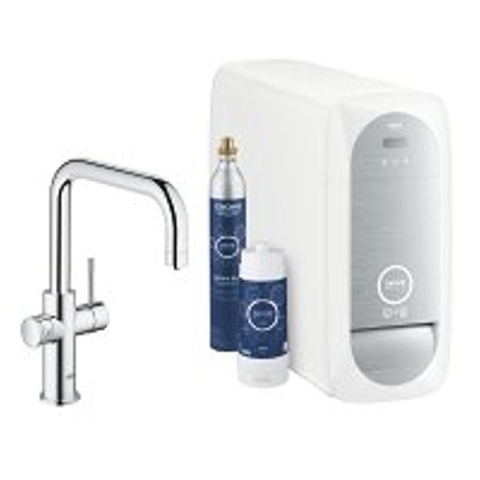 GROHE Blue Home Robinet de cuisine avec Bec U duo et kit Chilled & Sparkling 3x eau froide + 3x eau pétillant avec Wifi Bluetooth chrome SW228369