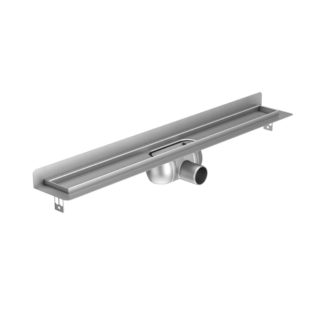 Aco ShowerDrain C caniveau de douche inox avec bride murale sans grille, 70mm de large, garde d''eau 50mm 885mm prof. d''encastrement 92mm avec sortie latérale SW398937