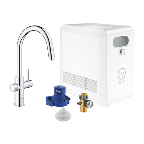 GROHE Blue Professional keukenkraan - 1-gats - duo - C-uitloop - uittrekbare mousseur - filterfunctie - starterkit - chroom SW354777