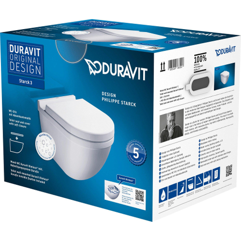 Duravit Starck 3 Wandclosetpack - met wandcloset - diepspoel - rimless - met verdekte bevestiging - 36x54cm - met wondergliss m - softclose - glans wit SW358500