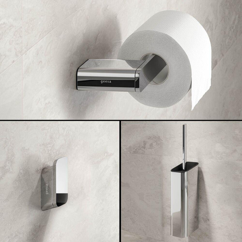 Geesa Shift Set d'accessoires de WC - Brosse de WC avec support - Porte-rouleau de toilette sans couvercle - Crochet à serviette - Chrome SW641319