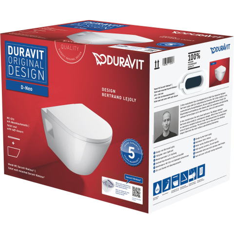 Duravit D-neo Wandclosetpack - met wandcloset - diepspoel - rimless - 37x54x40cm - met closetzitting m deksel - met sof - glans wit SW544306