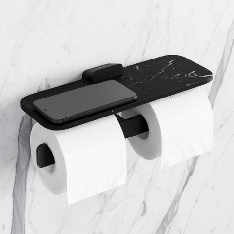 Geesa Shift Toiletrolhouder dubbel Zwart met planchet van matzwarte marmerlook SW641465