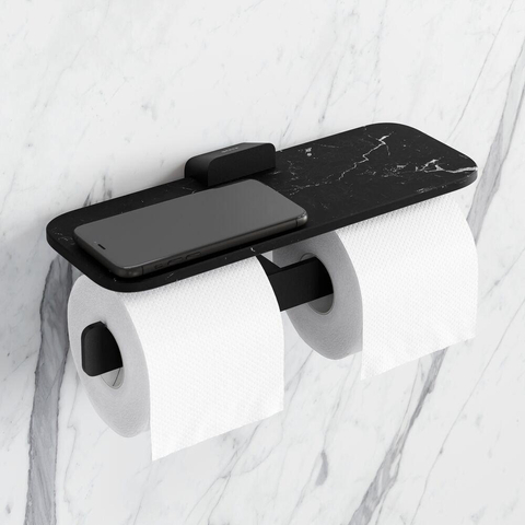 Geesa Shift Toiletrolhouder dubbel Zwart met planchet van matzwarte marmerlook SW641465