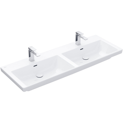 Villeroy & Boch Subway 3.0 meubelwastafel - 130x47x16.5cm Rechthoek - 2 kraangaten - 2 wasbakken - zonder overloopgat CeramicPlus - Stone White (mat wit) SW702142