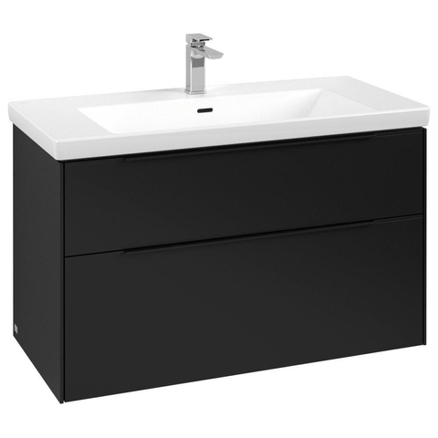 Villeroy & Boch Subway 3.0 meuble sous-lavabo - 100x55x45cm - avec poignée Volcano Black 2 tiroirs à fermeture douce 1 découpe pour siphon panneau de particules volcano black SW730378