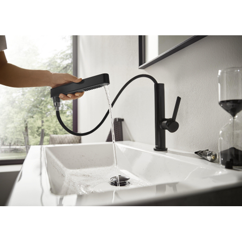 Hansgrohe Finoris Wastafelkraan - 230 - 2jet - met uittrekbare vuistdouche - met afvoerplug - mat zwart SW651140