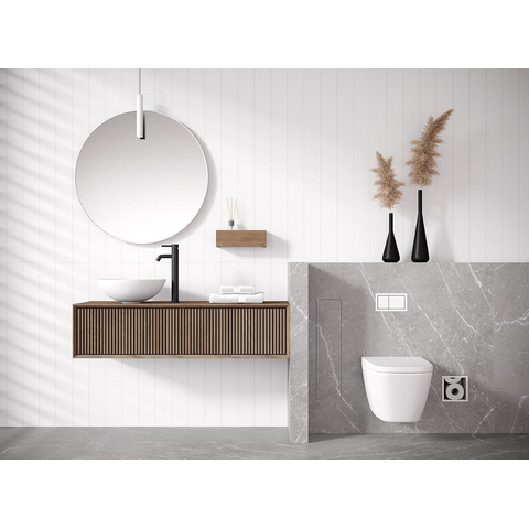 Looox Wooden Wastafelonderkast - ribbelfront verticaal - 2 lades - afvoer links en rechts - 140x30x46 cm - eiken SW814265