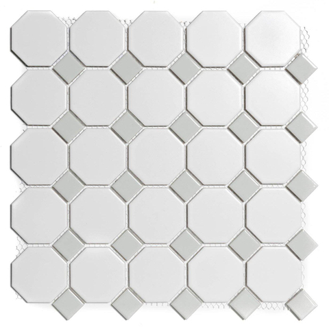 The Mosaic Factory Paris mozaïektegel - 29.5x29.5cm - wand en vloertegel - Achthoek - Porselein White and Grey mat/glans SW75348