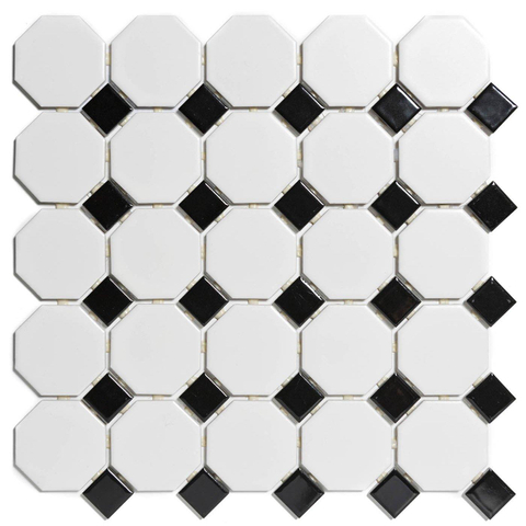The Mosaic Factory Paris mozaïektegel - 29.5x29.5cm - wand en vloertegel - Achthoek - Porselein White and Black mat/glans SW75349