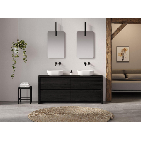 Looox Wooden Wastafelonderkast - vlak front - 2 lades - afvoer links en rechts - 150x30x46 cm - zwart SW931526