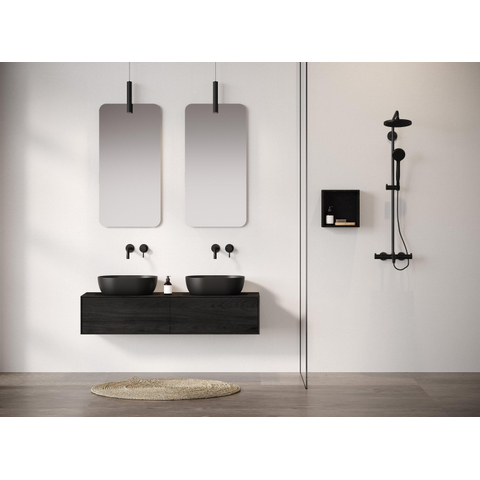 Looox Wooden Meuble sous lavabo - façade plate - 2 tiroirs - évacuation gauche et droite - 140x30x46 cm - noir SW931491