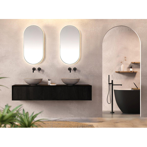 Looox Wooden Meuble sous lavabo - façade cannelée verticale - 1 tiroir - évacuation gauche et droite - 100x30x46 cm - noir SW931529