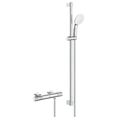 GROHE Grohtherm 1000 Performance Ensemble de douche - robinet de douche thermostatique - avec rosaces - avec barre de douchette - 90cm - douchette à main ronde - 2 jets - flexible de douche lisse - chrome SW999031