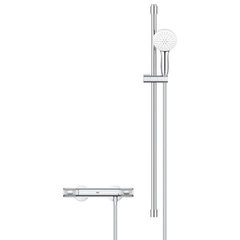 GROHE Grohtherm 1000 Performance Ensemble de douche - robinet de douche thermostatique - avec rosaces - avec barre de douchette - 90cm - douchette à main ronde - 2 jets - flexible de douche lisse - chrome SW999031