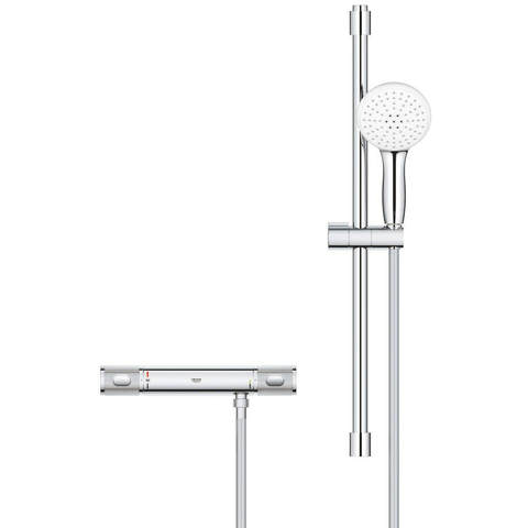 GROHE Grohtherm 1000 Performance Ensemble de douche - robinet de douche thermostatique - avec ensemble barre de douche - 60cm - douchette à main ronde - 2 jets - flexible de douche lisse - chrome SW999091