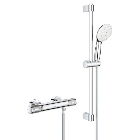 GROHE Grohtherm 1000 Performance Doucheset - thermostatische douchekraan - met rozetten - met glijstangset - 60cm - ronde handdouche - 2 straalsoorten - gladde doucheslang - chroom TWEEDEKANS OUT13981