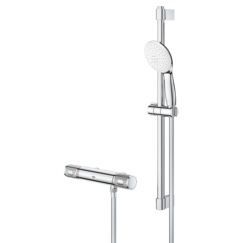 GROHE Grohtherm 1000 Performance Ensemble de douche - robinet de douche thermostatique - avec ensemble barre de douche - 60cm - douchette à main ronde - 2 jets - flexible de douche lisse - chrome SW999091