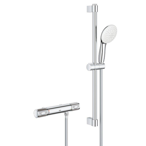 GROHE Grohtherm 1000 Performance Ensemble de douche - robinet de douche thermostatique - avec ensemble barre de douche - 60cm - douchette à main ronde - 2 jets - flexible de douche lisse - chrome SW999091