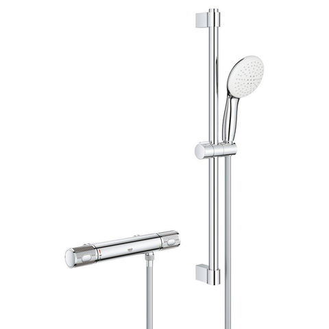 GROHE Grohtherm 1000 Performance Ensemble de douche - robinet de douche thermostatique - avec ensemble de barre de douche Tempesta - douchette à main ronde - 2 types de jets - flexible de douche lisse - chrome SW999124