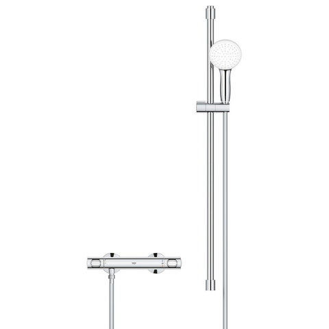 GROHE Grohtherm 500 Ensemble de douche - mitigeur de douche thermostatique - avec ensemble barre de douche - 90cm - douchette à main ronde - 1 type de jet - flexible de douche lisse - chrome SW999153