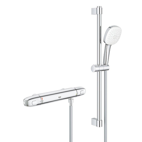 GROHE Grohtherm 1000 Ensemble de douche - mitigeur de douche thermostatique - entraxe=15cm - avec ensemble barre de douche - 60cm - douchette carrée - 2 jets - flexible de douche lisse - chrome SW999980