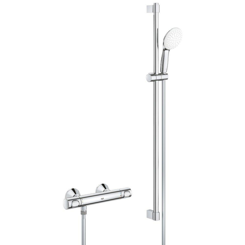 GROHE Grohtherm 500 Ensemble de douche - mitigeur de douche thermostatique - avec ensemble barre de douche - 90cm - douchette à main ronde - 1 type de jet - flexible de douche lisse - chrome SW999153