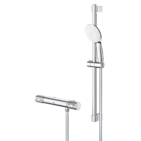 GROHE Grohtherm 1000 Performance Ensemble de douche - robinet de douche thermostatique - avec ensemble de barre de douche Tempesta - douchette à main ronde - 2 types de jets - flexible de douche lisse - chrome SW999124