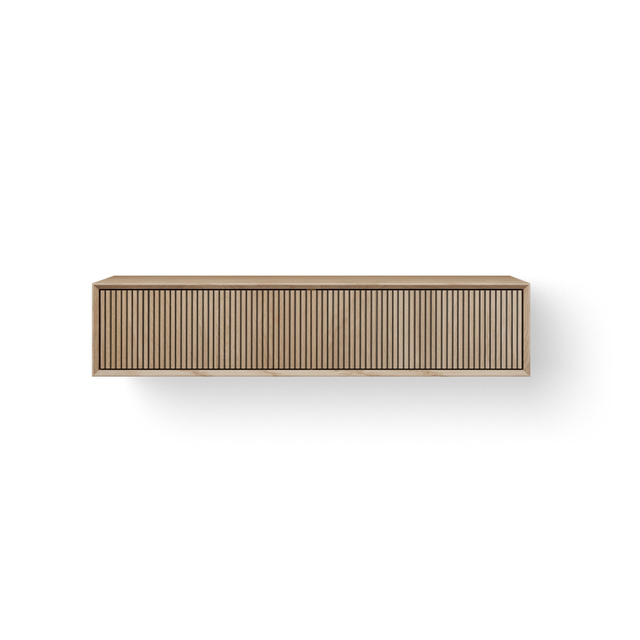 Looox Wooden Wastafelonderkast - ribbelfront verticaal - 2 lades - afvoer links en rechts - 140x30x46 cm - eiken WFST1400-2