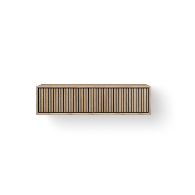 Looox Wooden Wastafelonderkast - ribbelfront verticaal - 1 lade - afvoer links en rechts - 100x30x46 cm - eiken WFST1000