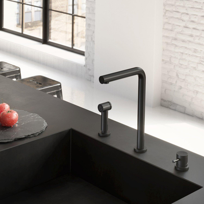 Hotbath Fellow mitigeur de cuisine à trois trous avec bec orientable et douchette extractible laiton brossé